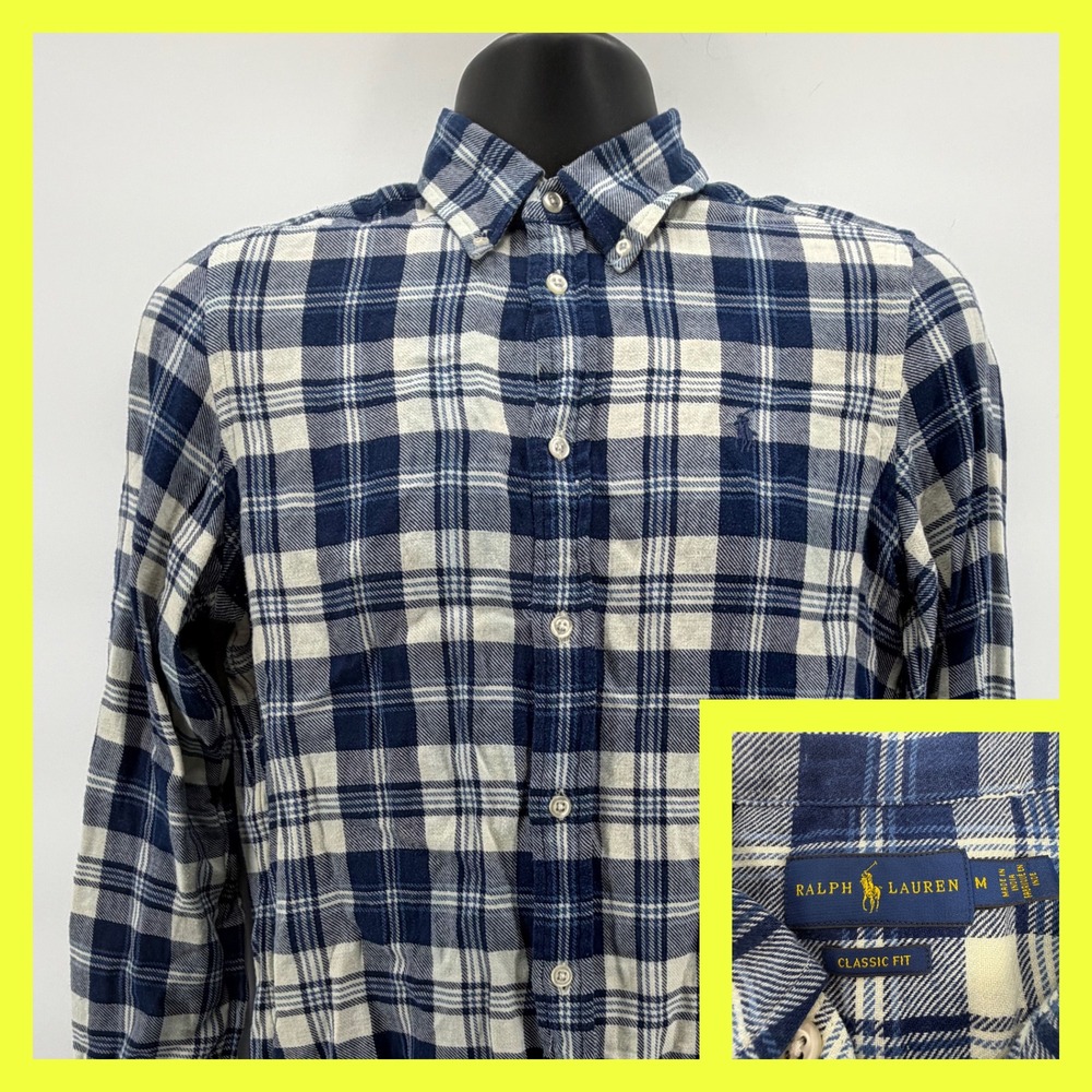 Polo Ralph Lauren Men's Classic Fit Flannel Shirt Blue White Plaid Size‎ Medium